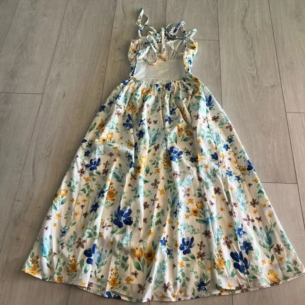Lulus Happy Summer White Floral Print Double Tie-Back Midi Dress size xs
